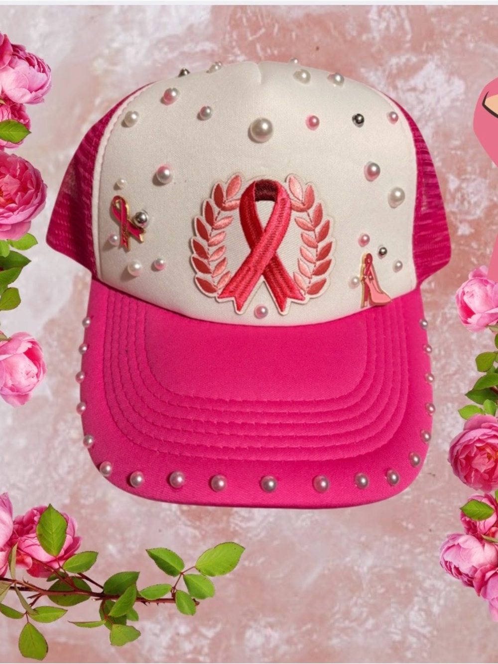 Pink Pearl Embellished Breast Cancer Awareness Trucker Hat